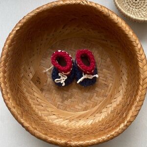 Handmade Knit Baby Booties with wool lined soles - Red and Blue